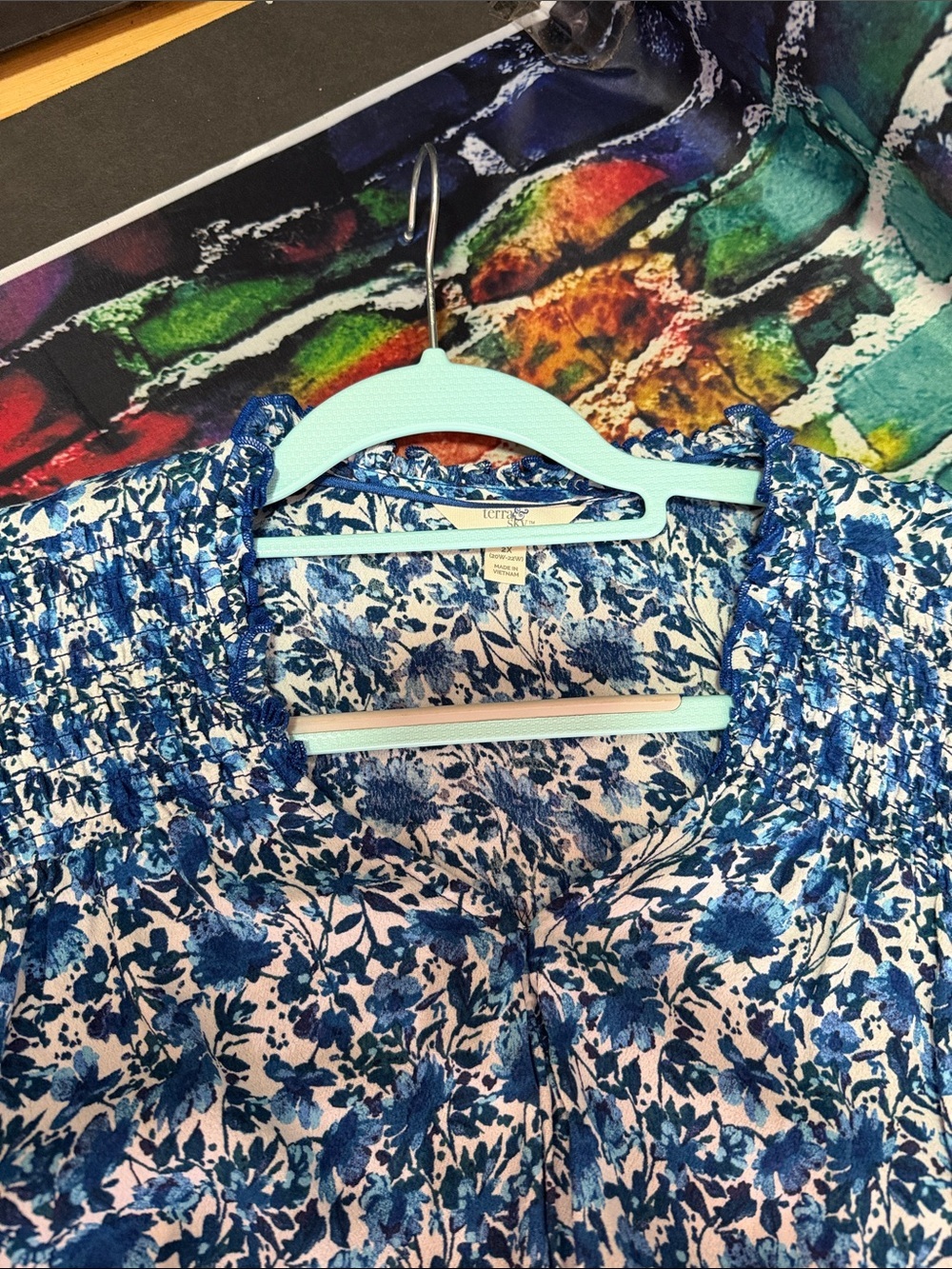 Terra & Sky Blue and White Floral Smocked Blouse - Picture 6 of 6